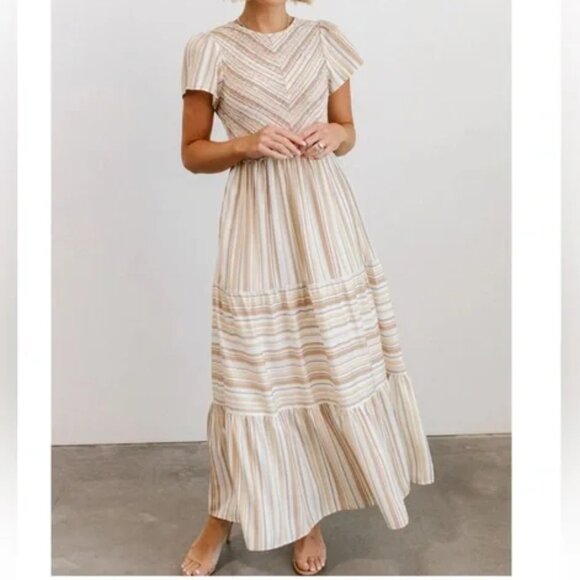 Baltic Born Dresses & Skirts - Baltic Born Willow Smocked Maxi Long Dress Tan Yellow Stripes Pattern Summer XL
